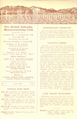 The B.C. Mountaineer 1929 July cover